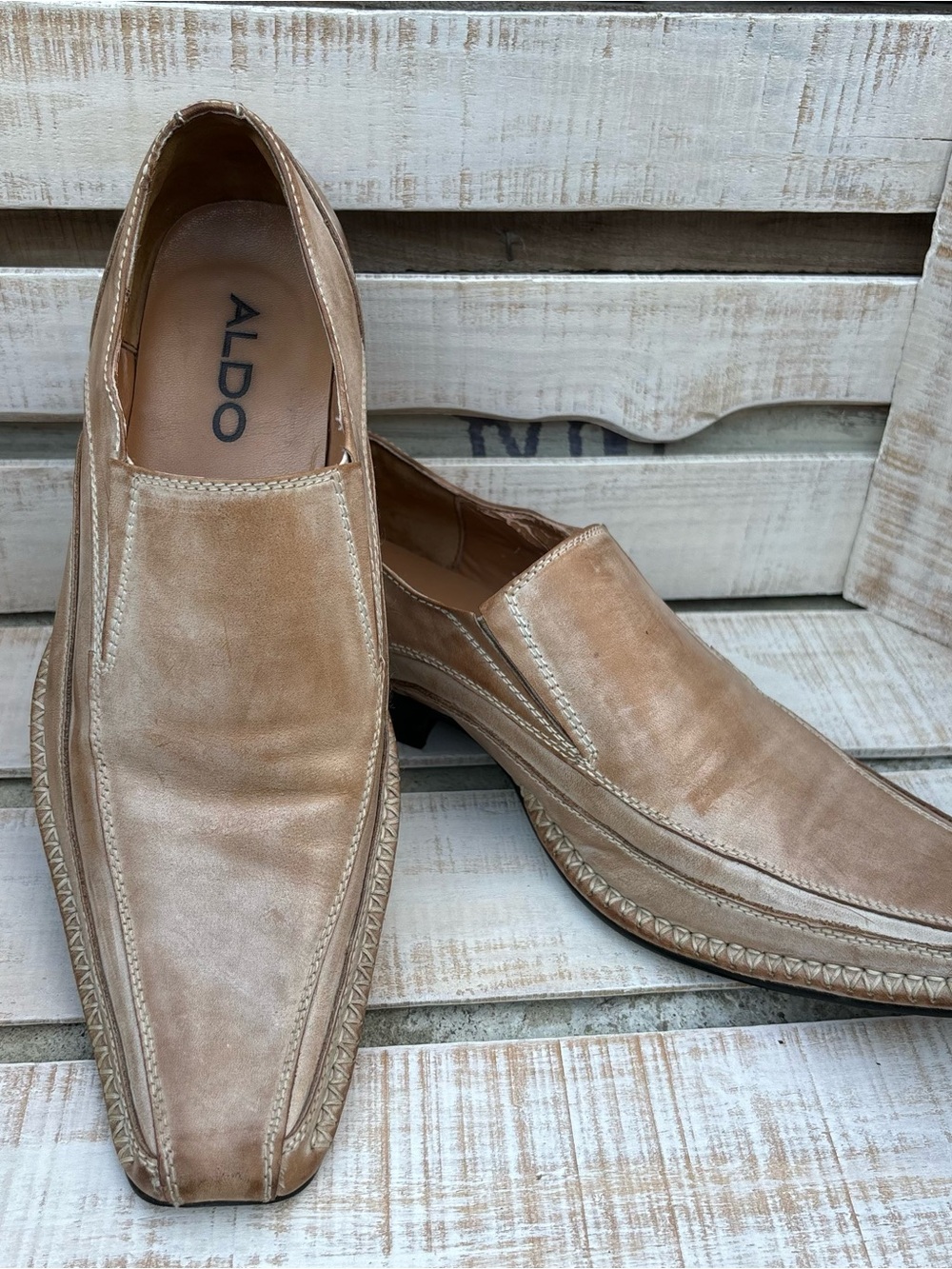 ALDO Mens US SZ 8 EU 41 Tan Leather Square Toe Slip On Loafers Dress Shoes